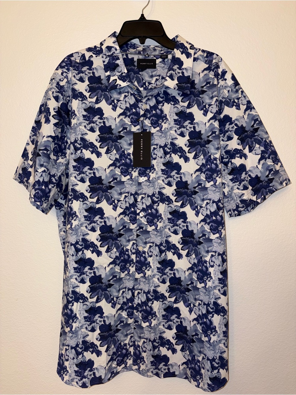 NWT Perry Ellis Mens Floral Hawaiian Shirt 2X Short Sleeve Blue White Button Up